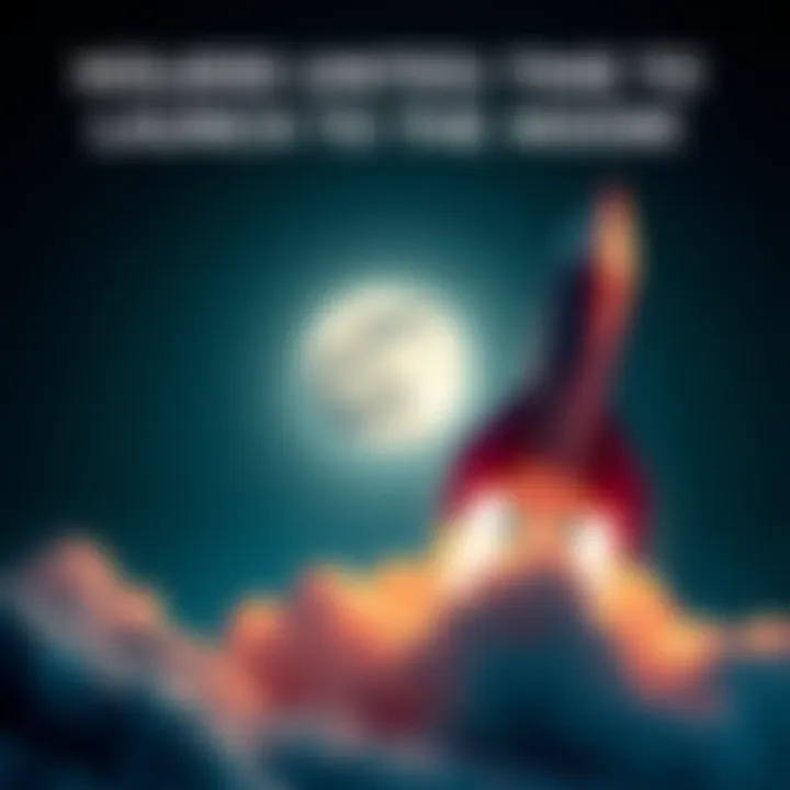 A rocket blasting off into space with the moon in the background