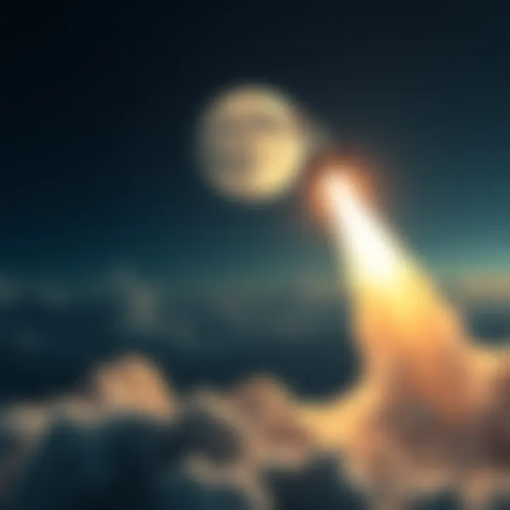 A rocket launching into space, heading towards the moon, symbolizing investment growth