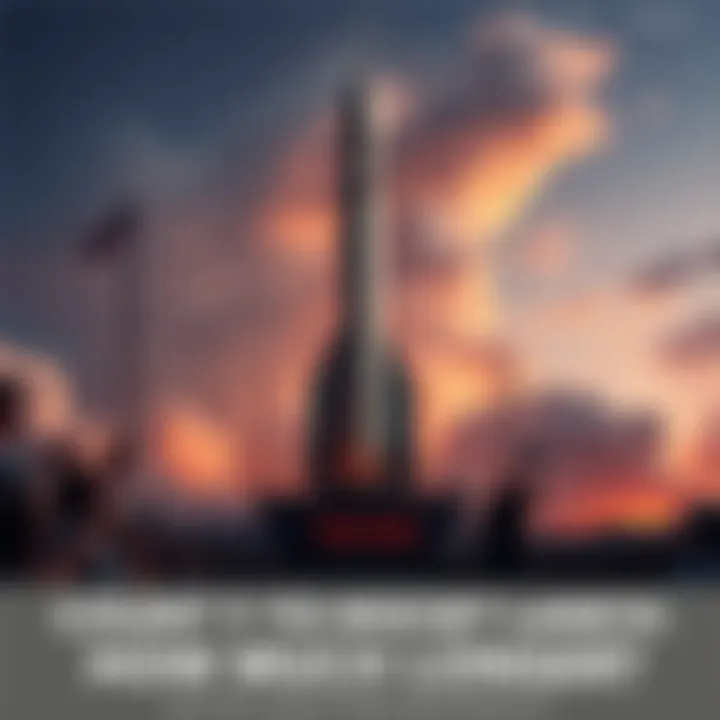 A rocket on the launch pad with countdown clock visible, surrounded by cheering crowd and crew preparing for the launch.