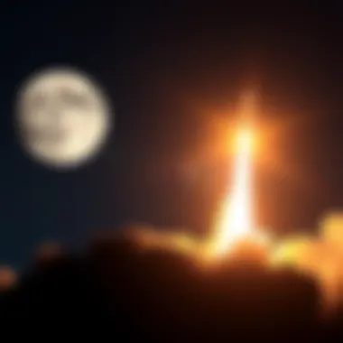 A rocket blasting off into space towards the moon, symbolizing the excitement for the year 2026 and new achievements.