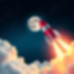 A colorful rocket soaring towards the moon against a starry sky, symbolizing excitement in finance and culture.