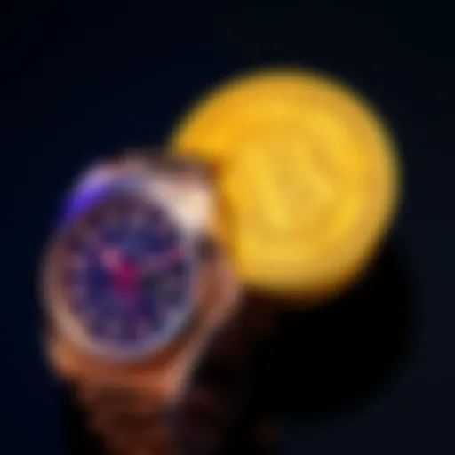A Rolex watch next to a Bitcoin symbol, representing the choice between luxury and cryptocurrency investment.