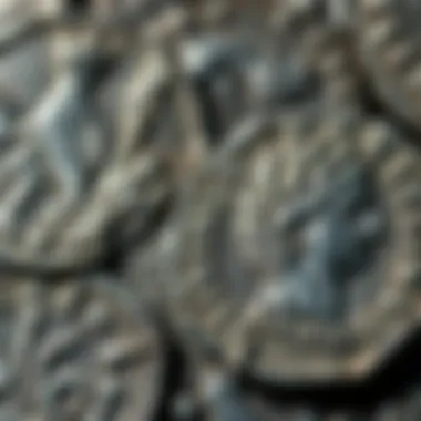 Close-up of Roman silver denarii and an Antoninianus of Gordian displayed together, showcasing their intricate designs and historical features.