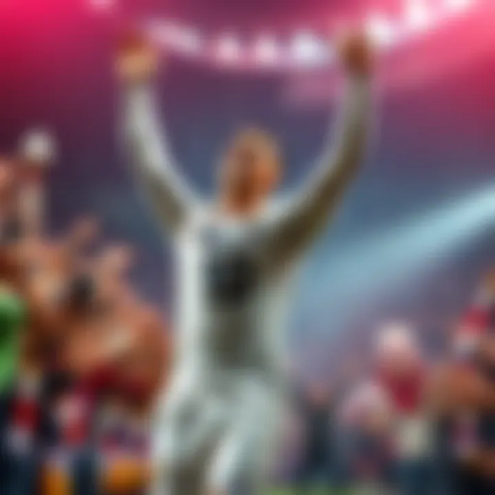 Ronaldo Celebrating a Goal Cristiano Ronaldo celebrating after scoring a goal with arms raised in joy, surrounded by cheering fans.