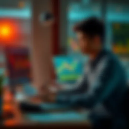Rookie Trader Reflecting on Challenges A young trader sits at a desk, looking at charts and notes, deep in thought about their trading journey and motivation.