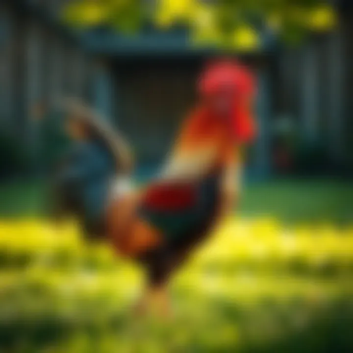 A rooster standing proudly in a green yard, symbolizing new beginnings and freedom.