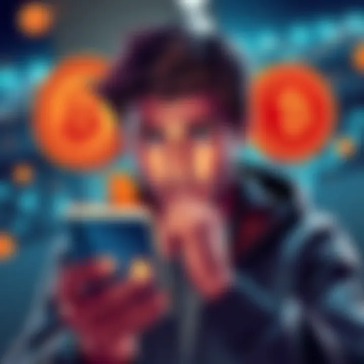 A graphic showing a person looking concerned while holding a phone with digital currency symbols around them, highlighting the risks of investing in crypto.