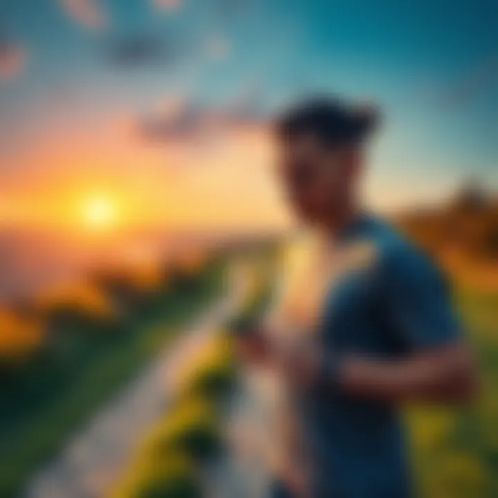 A person looking at Sweatcoin app on their smartphone while jogging on a trail