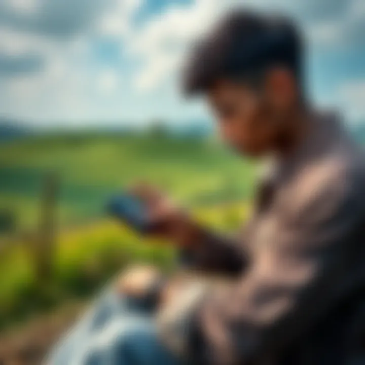 Rural gamer checking badges A player in a rural setting looks at their game on a device, frustrated about missing badges. A green landscape with hills can be seen in the background.