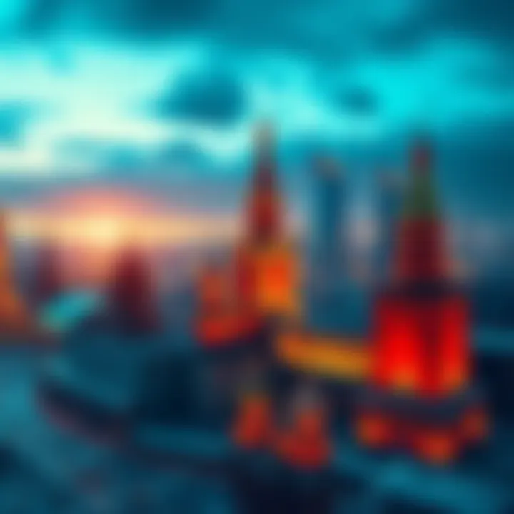 A vibrant city skyline with digital currency symbols representing cryptocurrency growth in Russia