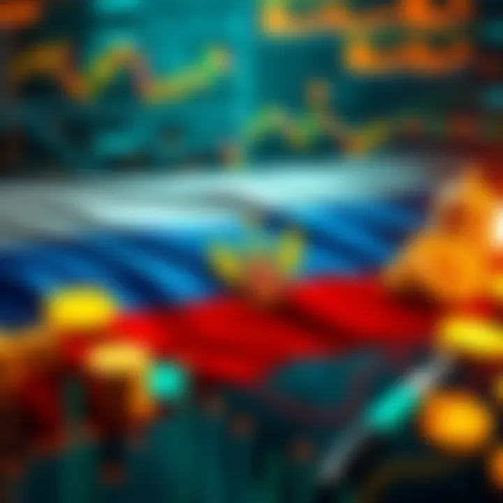 A visual representation of Russia imposing control over cryptocurrency with charts and state symbols.