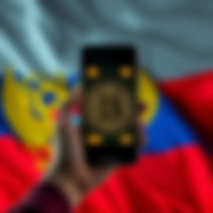 A person holding a smartphone displaying a digital currency symbol with a Russian flag background