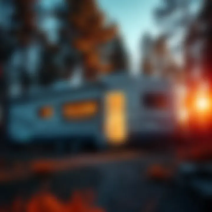 An RV parked in a wooded area, with a person sitting outside looking worried, symbolizing struggles with health and medical debt.
