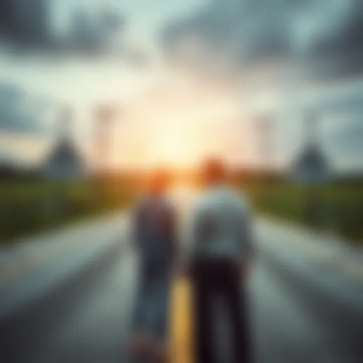 A sad couple standing apart at a crossroad, looking distressed and uncertain, representing the emotional struggle of facing divorce.