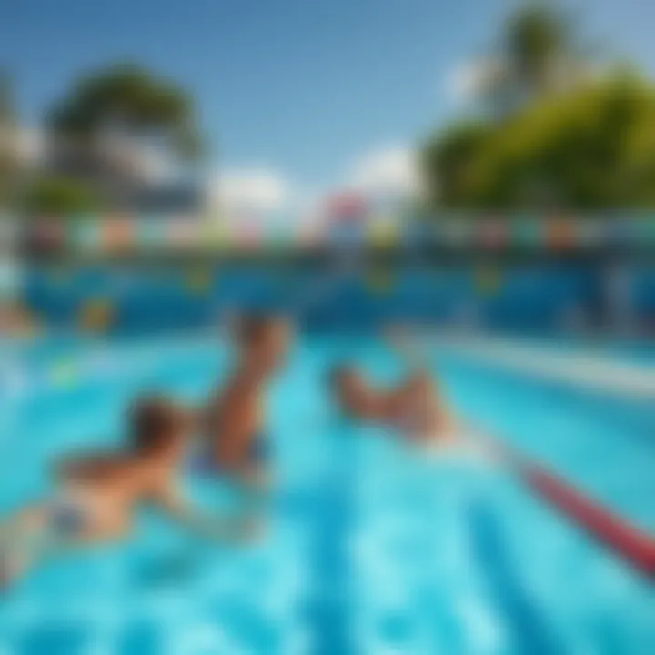 A family enjoying a sunny day at a secure public pool with safety signs visible