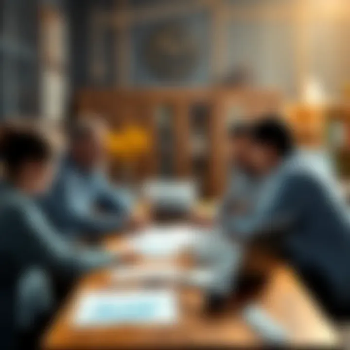 Salary Discussion A group of people discussing financial matters around a table with a laptop and papers.