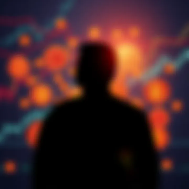 A silhouette of a person surrounded by Bitcoin symbols and graphs, representing the evolution of cryptocurrency.