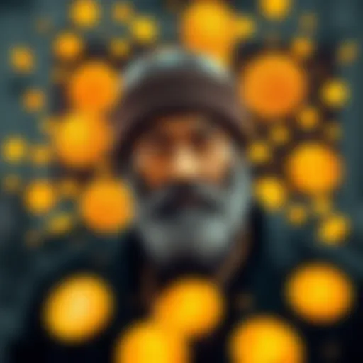 A figure representing Satoshi Nakamoto surrounded by Bitcoin logos and digital currency icons, symbolizing innovation in finance and technology.