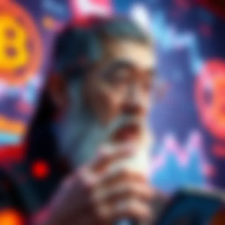 Satoshi Nakamoto discussing Bitcoin's future with a backdrop of digital graphics representing cryptocurrency