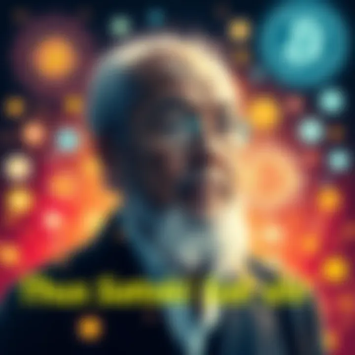 Satoshi Nakamoto and Cryptocurrency Future An artistic representation of Satoshi Nakamoto with digital symbols of cryptocurrency surrounding him, depicting insights into the future of crypto.
