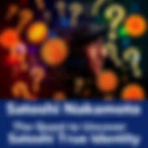 A collage of various theories about Satoshi Nakamoto, featuring question marks and Bitcoin symbols