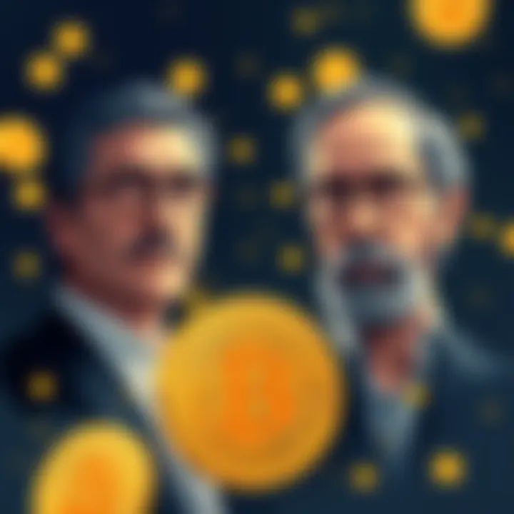 Illustration showing Nick Szabo and Len Sassaman with Bitcoin symbols, highlighting their connection to Satoshi Nakamoto.