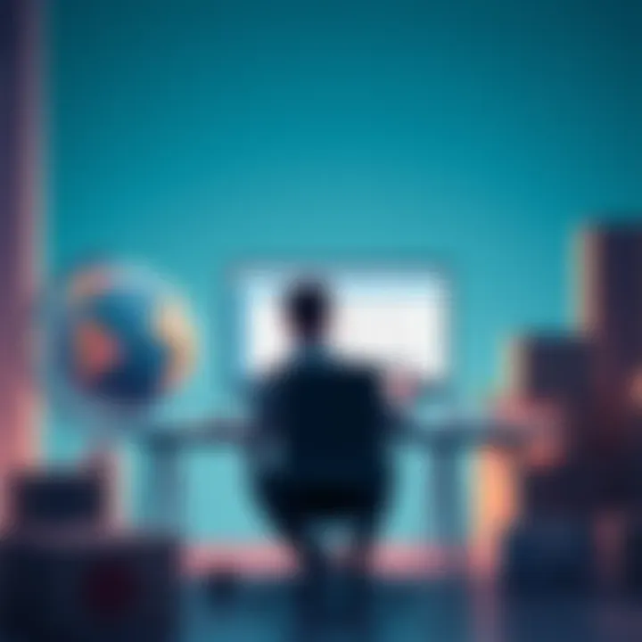 A person sitting at a computer, exporting transaction history from a banking app to a CSV file, with a globe and moving boxes in the background.