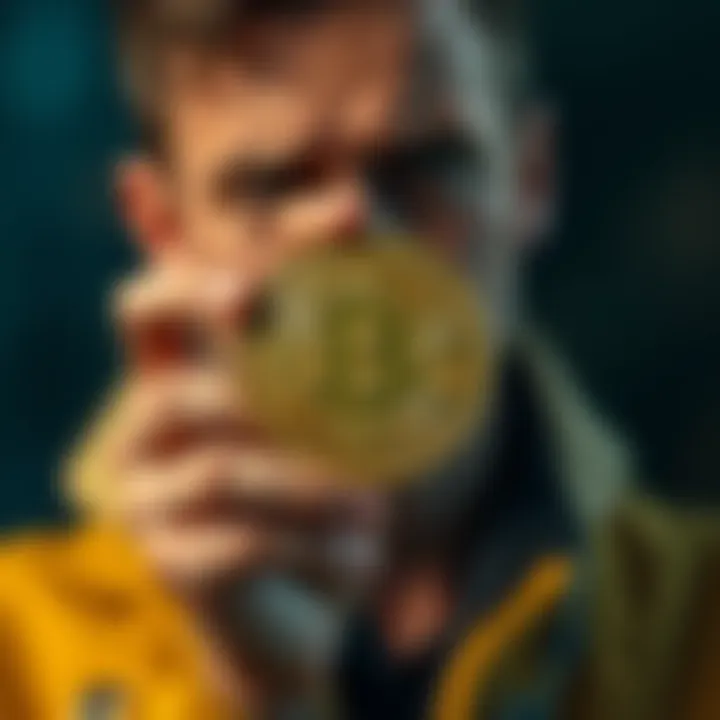 A person holding a Bitcoin with a worried expression, symbolizing concerns over market trust following Saylor's sale of 32 BTC.