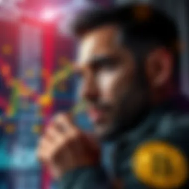 Saylor Sells Bitcoin A person looking at a stock market chart with Bitcoin symbols, representing the sale of Bitcoin to stabilize finances.