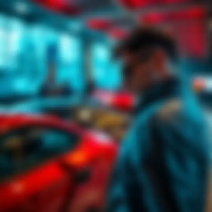 A car enthusiast examining a curated collection of luxury vehicles in a showroom