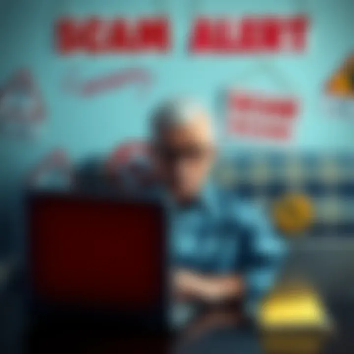 An elderly person looking worried while checking investment options on a laptop, surrounded by warning signs about scams.
