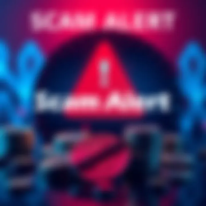 A warning graphic with a red alert symbol and cryptocurrency coins, representing a scam related to Switcher.finance