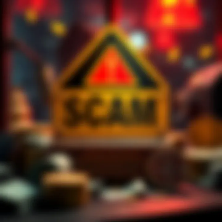 A warning sign indicating a scam, with symbols of money and a red alert icon associated with online mining services.