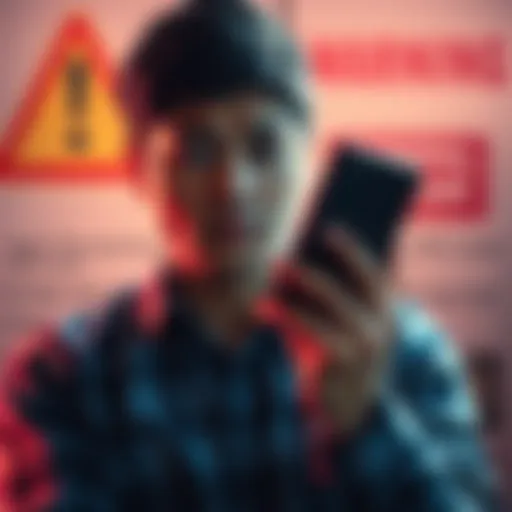 A person holding a phone with a worried expression, symbolizing the threat of scam calls. The background shows a warning sign.