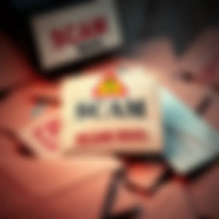 A close-up of suspicious scam mail with a warning sign and envelopes scattered around, inviting people to share their experiences.