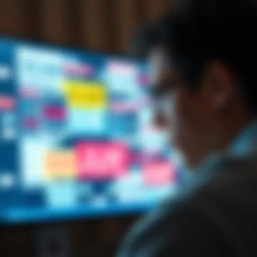 A person looking frustrated at a computer screen filled with scam posts and alerts