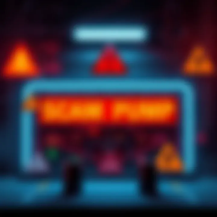 A graphic showing warning signs and symbols related to scam pump schemes in finance, highlighting the need for investment awareness.