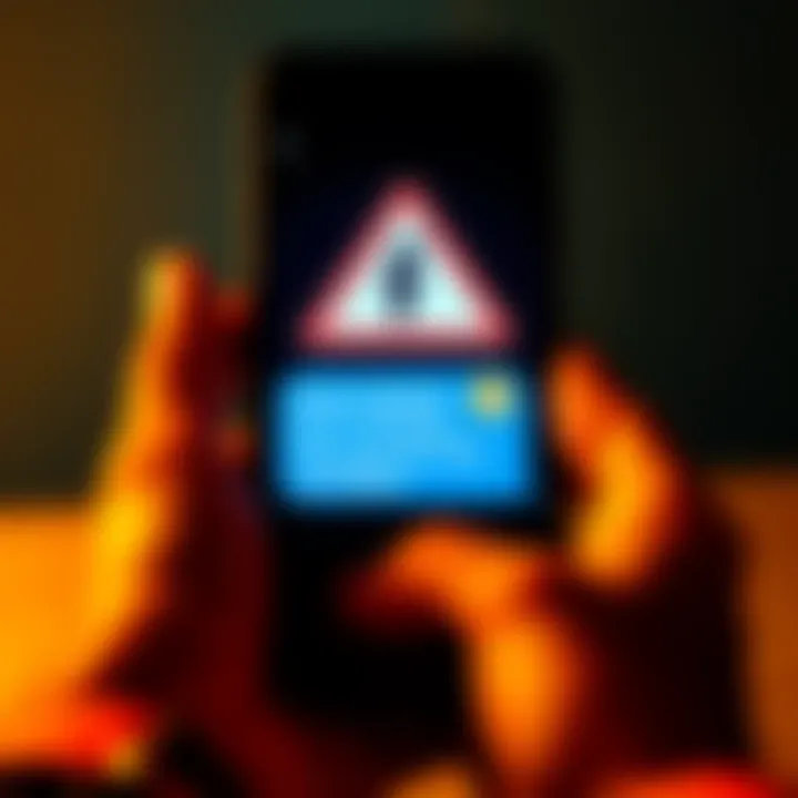 A smartphone displaying a fake Coinbase text message with a warning sign.