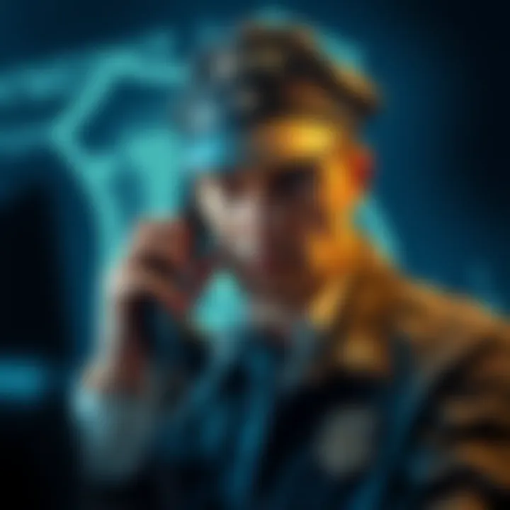 A person on the phone pretending to be an NYPD detective, displaying a sense of urgency and deceit in their expression, with a cryptocurrency symbol in the background, highlighting the scam theme
