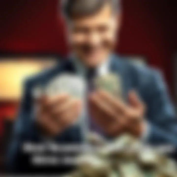 Scammer Counting Money A person in a suit counting piles of cash with a sly smile, representing scammers profiting from their schemes.