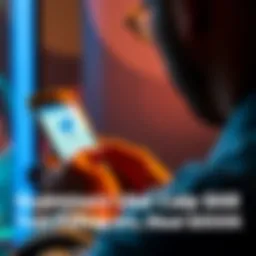 A person using a smartphone with a blue checkmark on the screen, representing social media impersonation, while money is shown in the background indicating a scam