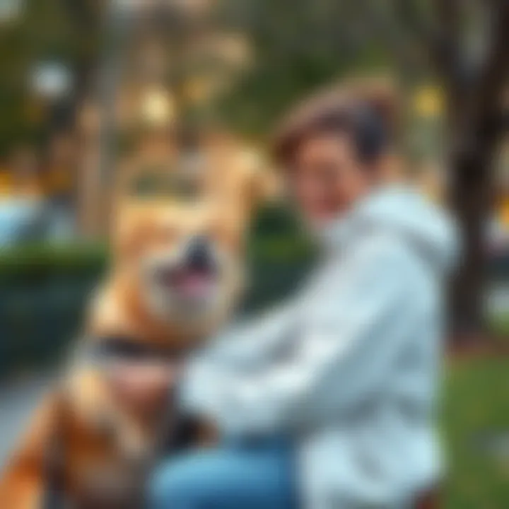A happy dog owner using the ScoopUp app to track rewards while picking up after their pet in a park.