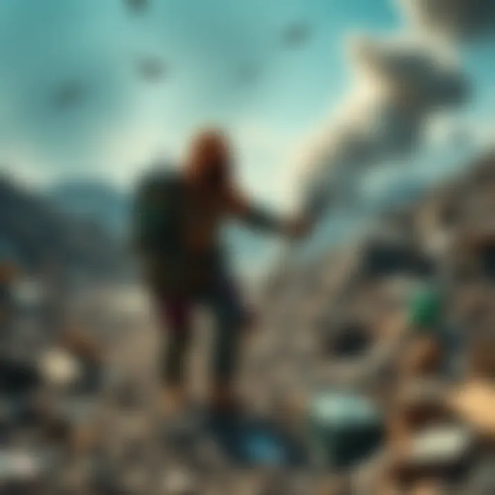 A player dressed as an adventurer searches through a landfill, looking for a hard drive that contains lost Bitcoin. Mounds of trash and debris surround them.