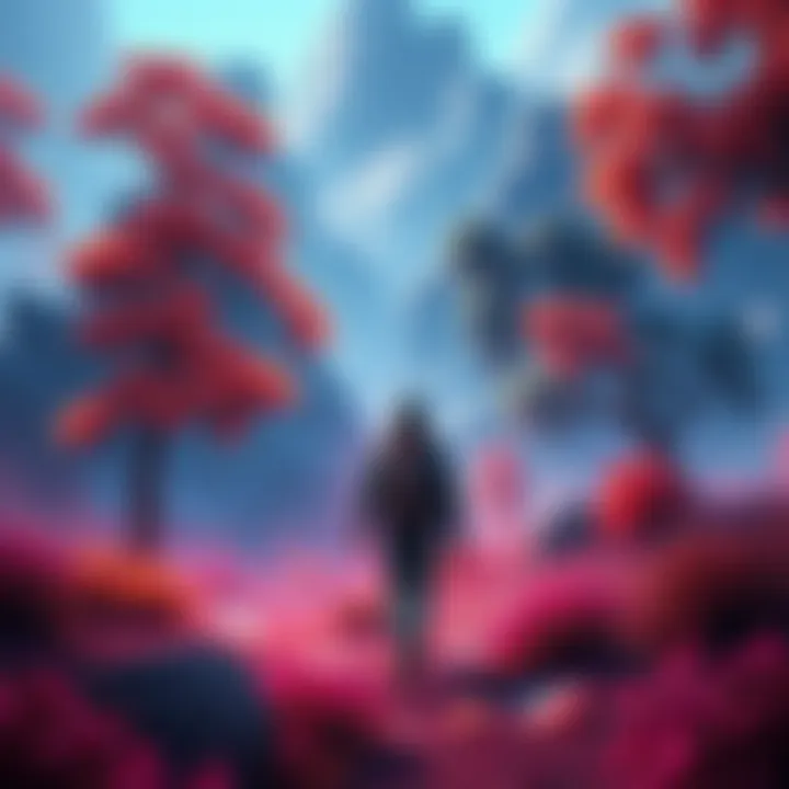 Person searching for diamonds in a game A gamer walking through a virtual landscape looking for diamonds while playing Diamond Hunt