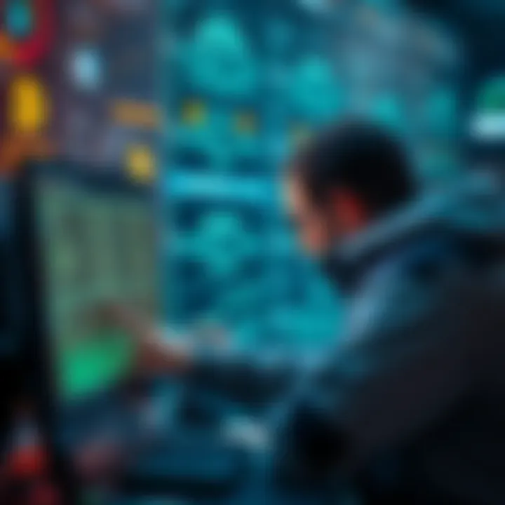 A person searching through digital records for lost Bitcoin, with a computer screen displaying cryptocurrency data