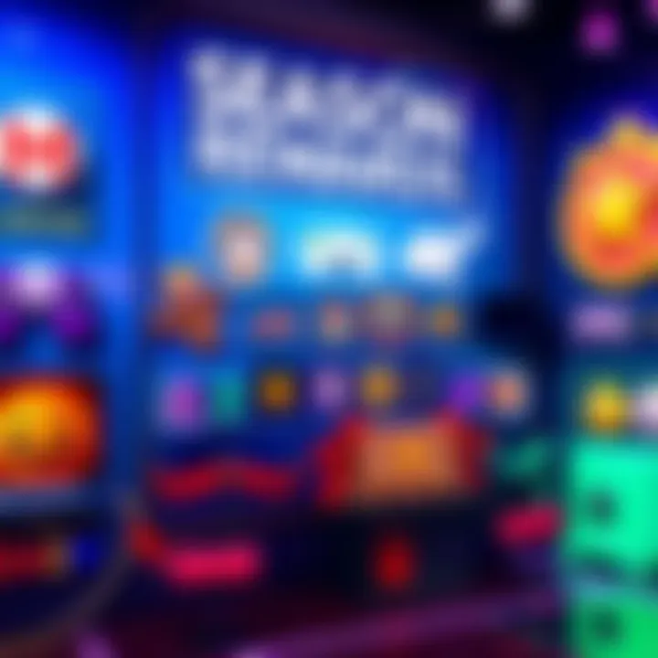 Season pass rewards display A colorful display of various rewards available from a season pass, including items and collectibles that players can unlock.