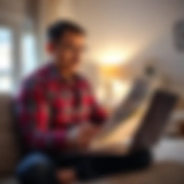 A concerned homeowner reviewing financial documents while looking at real estate listings on a laptop.