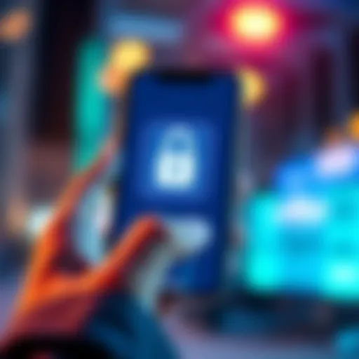 Secure Online Banking A person using a smartphone displaying a financial app with a padlock symbol, representing online banking security.
