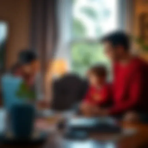 A family discussing Bitcoin security in a cozy living room, with a laptop showing cryptocurrency information on the table.