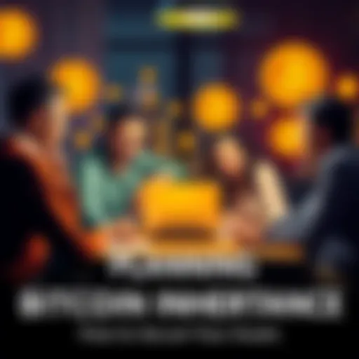 A family discussing strategies for Bitcoin inheritance at a table with a laptop and Bitcoin symbols around them